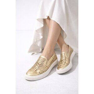 Tory Burch Gold Metallic Woven Leather Slip On Sneakers Loafers Women 9.5